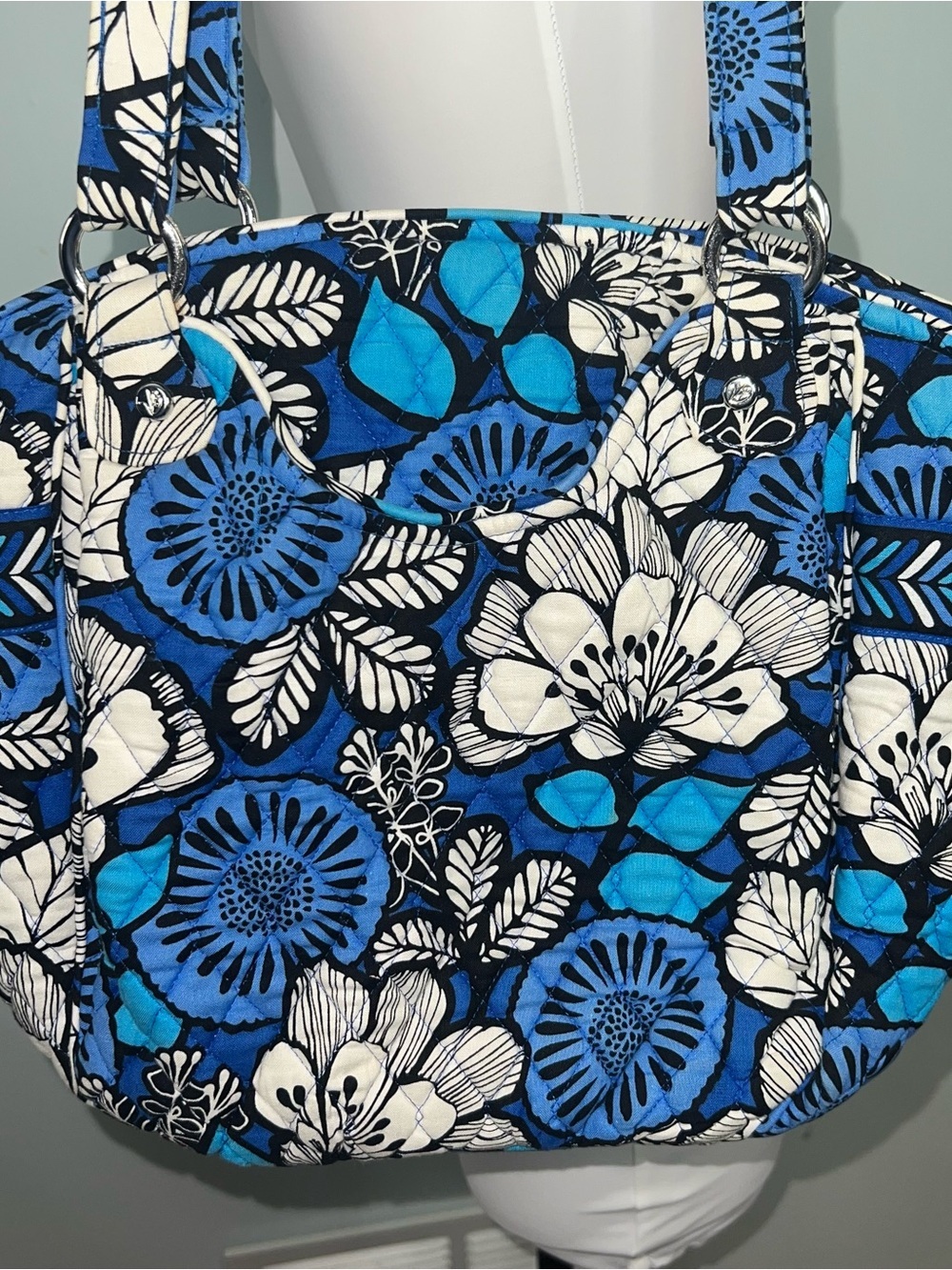 Vera Bradley Blue Floral Tote Bag Quilted Cotton Shoulder Purse - Picture 2 of 10